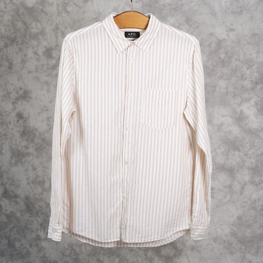 A.P.C. Rue Madame Paris | White Beige Striped Shirt | Medium | 100% Cotton